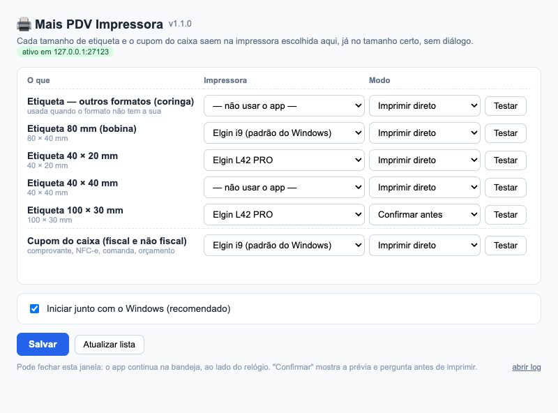 Tela do Mais PDV Impressora: uma impressora para cada tamanho de etiqueta e outra para o cupom do caixa