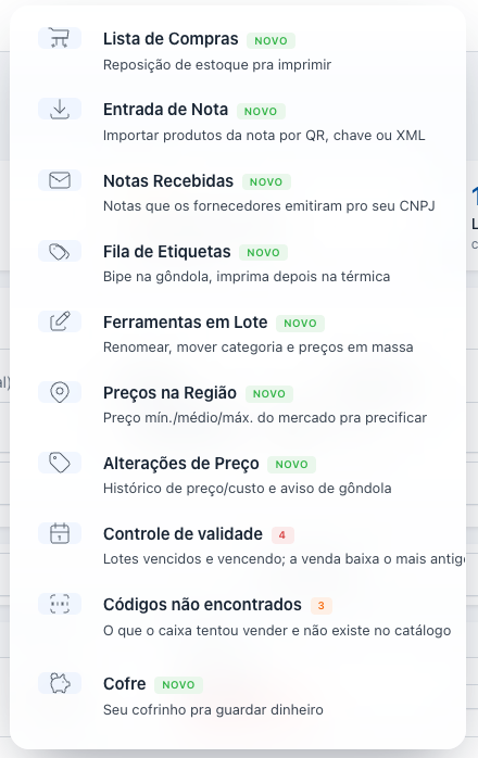 Menu Ferramentas do Mais PDV com o item Controle de validade e o contador de lotes em alerta