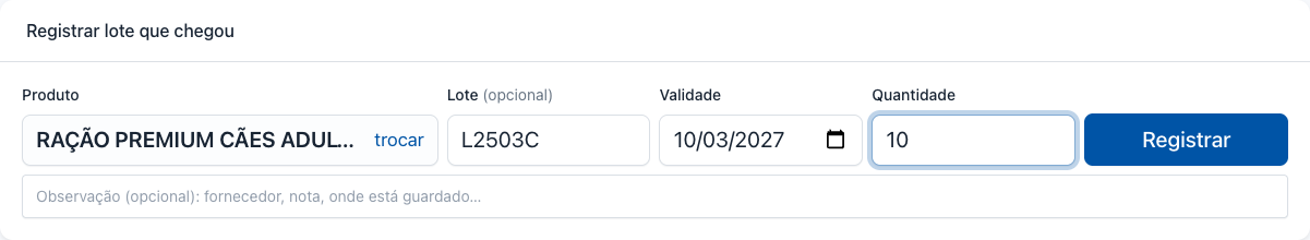 Formulário de registro de lote: produto escolhido, número do lote, data de validade e quantidade